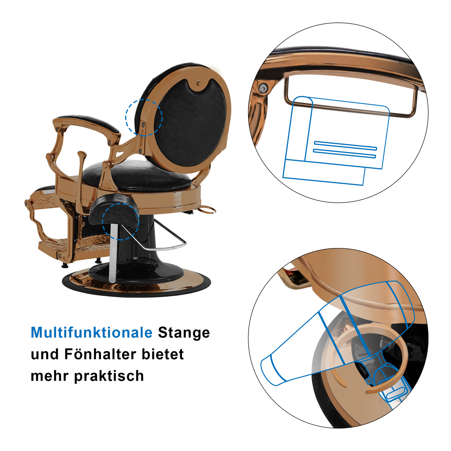 Barberpub Friseurstuhl hydraulische Friseursessel 2933, mit Retro/ Vintage Stil, 360° drehbar, Kunstleder, Goldrahmen/ Roségold Rahmen, 113 × 68 × 109 cm