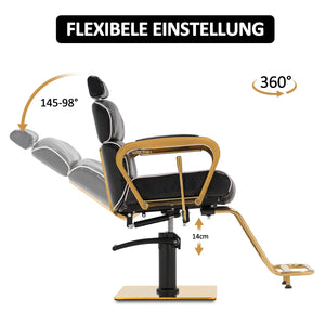 Barberpub Friseurstuhl mit Kopfstütze, Friseursessel Höhenverstellbar Kippbar für Herren Damen, Friseureinrichtung Bedienungsstuhl Vintage Retro, Kunstleder, 3078 (Schwarz-Gold)