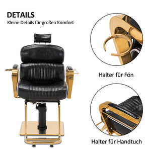 Barberpub Friseurstuhl mit Kopfstütze, Friseursessel Höhenverstellbar Kippbar für Herren Damen, Friseureinrichtung Bedienungsstuhl Vintage Retro, Kunstleder, 3078 (Schwarz-Gold)