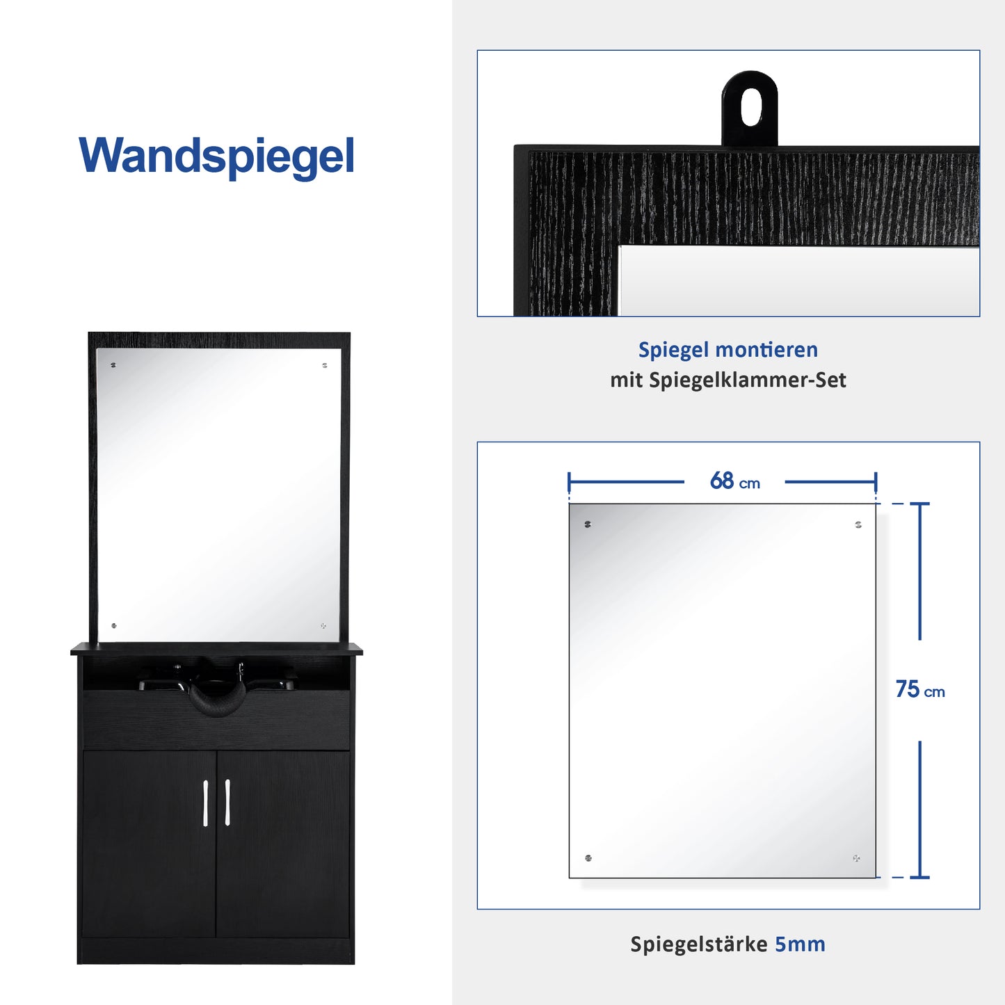 Barberpub Friseur Waschtisch Friseurwaschplatz 3130BK, mit Waschbecken, mit Wandspiegel, mit Unterschrank 80 cm, Friseur Salon SPA Friseureinrichtung, MFC+PVC, Schwarz, 47,5 x 84 x 169 cm
