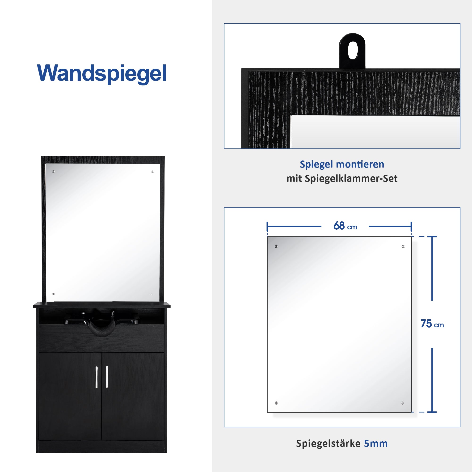 Barberpub Friseur Waschtisch Friseurwaschplatz 3130BK, mit Waschbecken, mit Wandspiegel, mit Unterschrank 80 cm, Friseur Salon SPA Friseureinrichtung, MFC+PVC, Schwarz, 47,5 x 84 x 169 cm