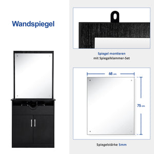 Barberpub Friseur Waschtisch Friseurwaschplatz 3130BK, mit Waschbecken, mit Wandspiegel, mit Unterschrank 80 cm, Friseur Salon SPA Friseureinrichtung, MFC+PVC, Schwarz, 47,5 x 84 x 169 cm