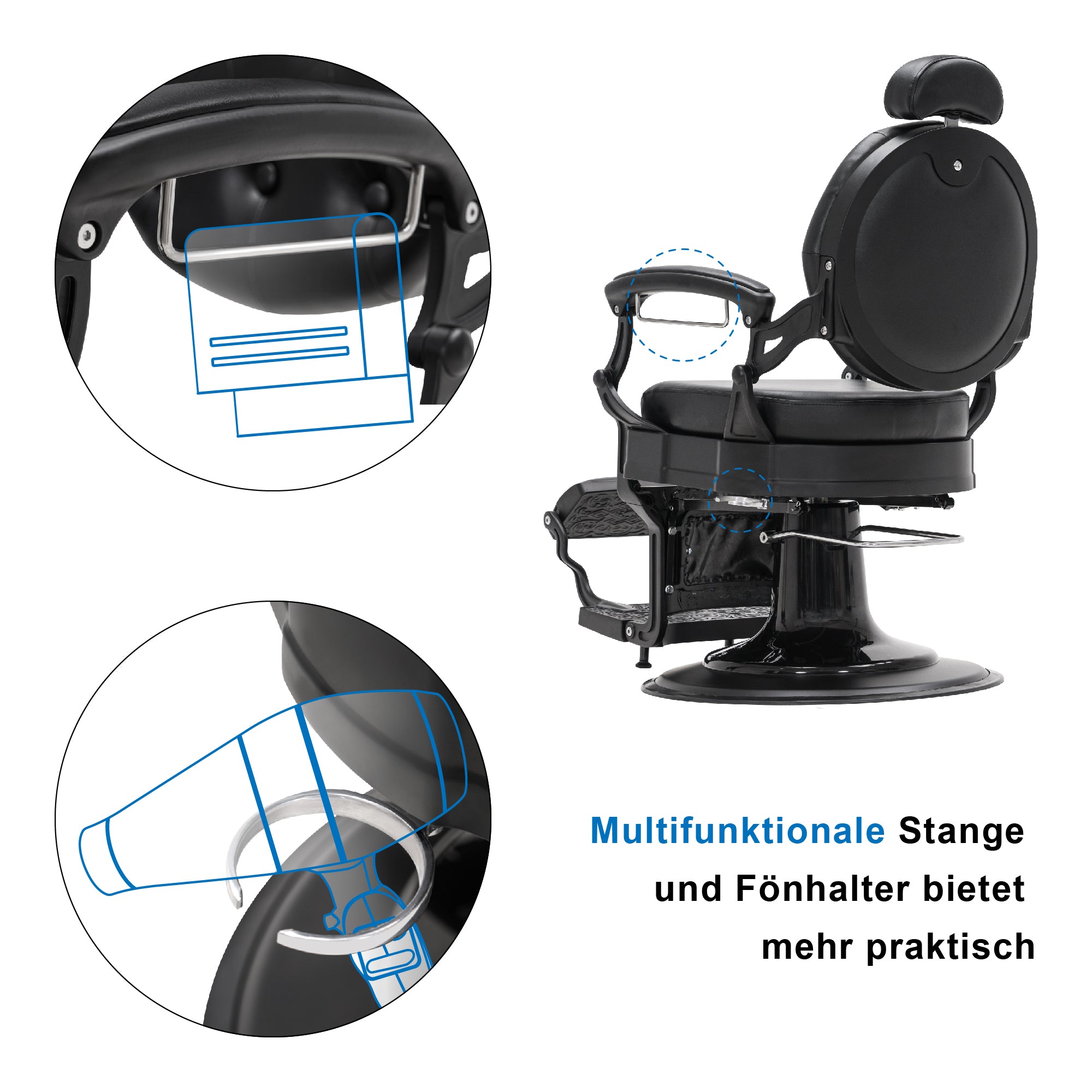 Barberpub Friseurstuhl Friseursessel mit Retro-/ Vintage Stil Mattschwarz 2933BK, mit Retro/ Vintage Stil, 360° drehbar, Kunstleder,113 × 68 × 109 cm